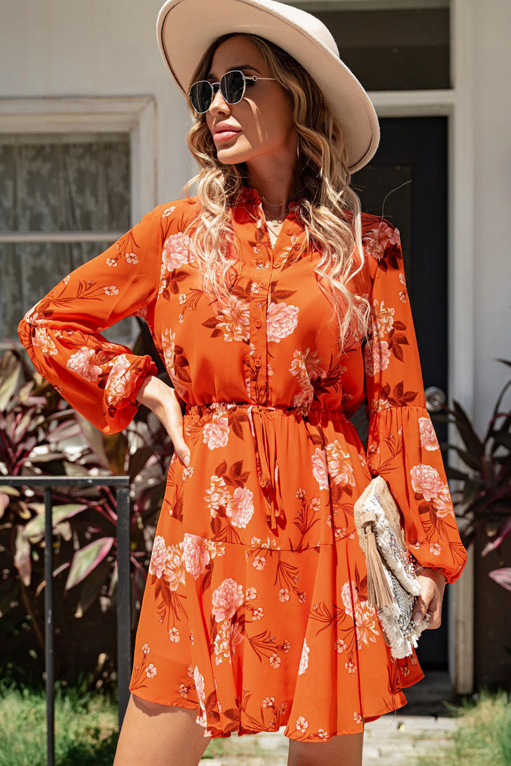 Floral Buttoned Puff Sleeve Tiered Dress