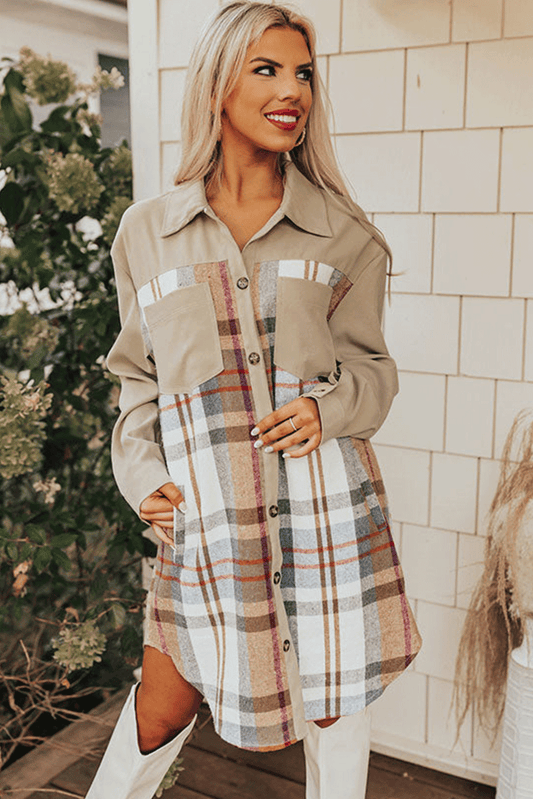 Khaki Plaid Patchwork Long Sleeve Mini Dress with Pockets