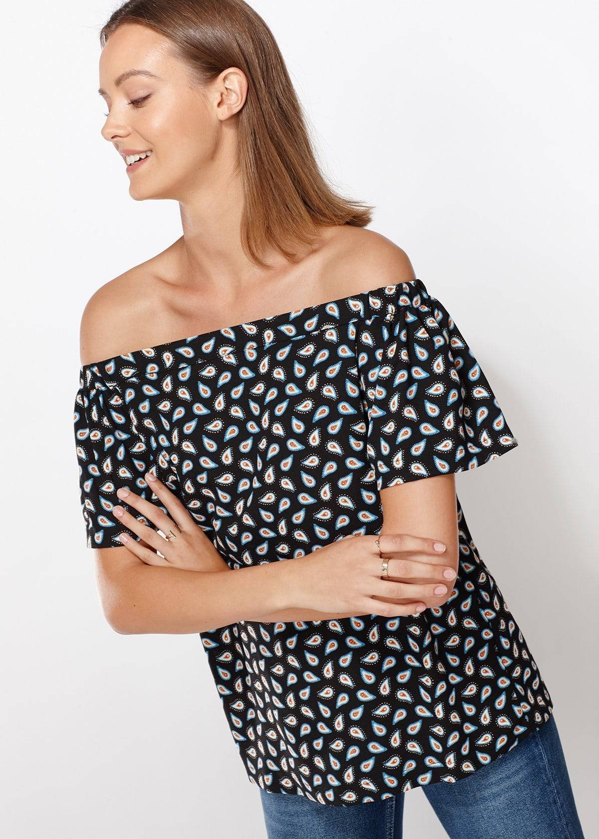 Women's Off Shoulder Top In Black Blue Avocado