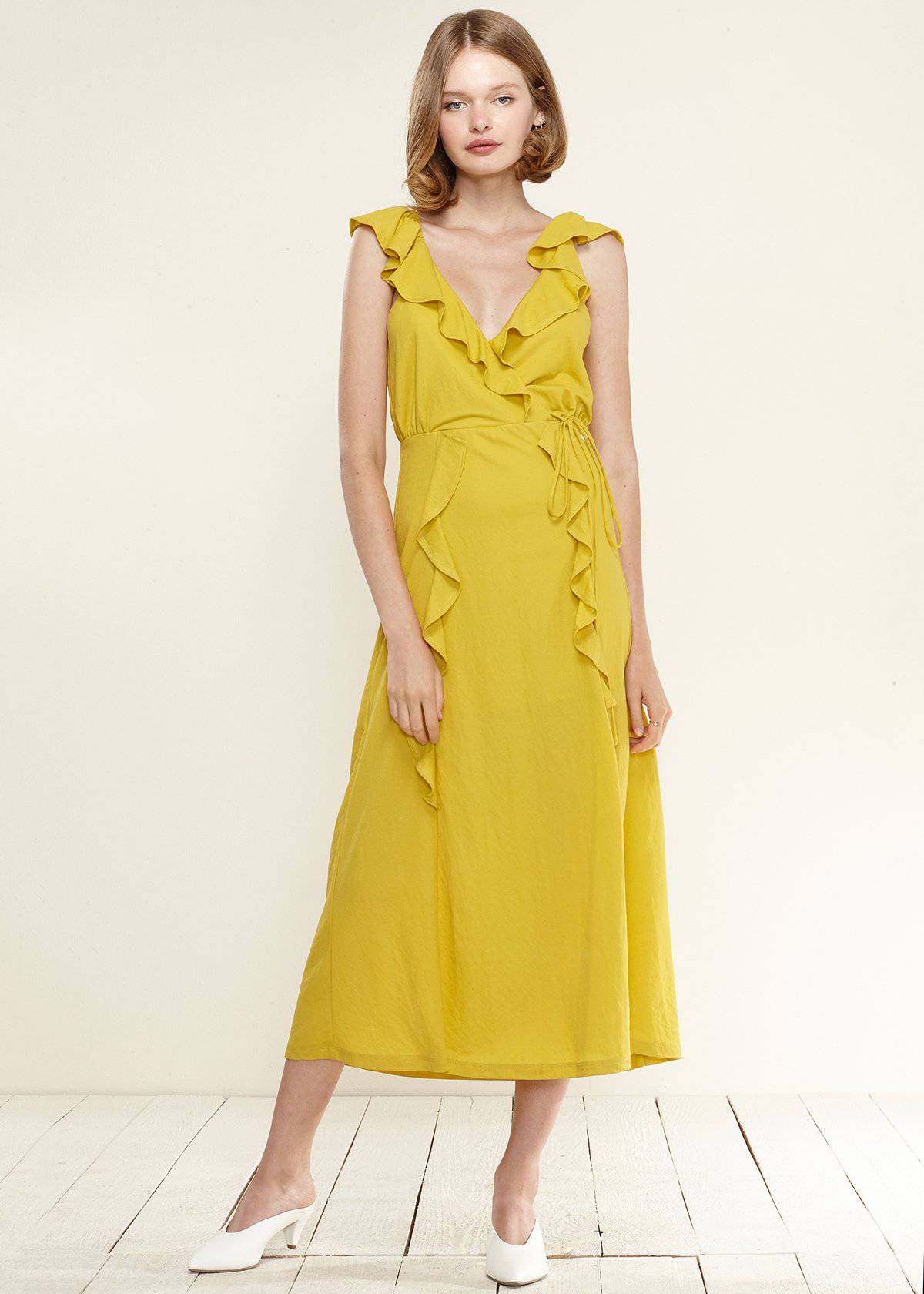 Women's Ruffle Trim Wrapped Maxi Dress in Mustard