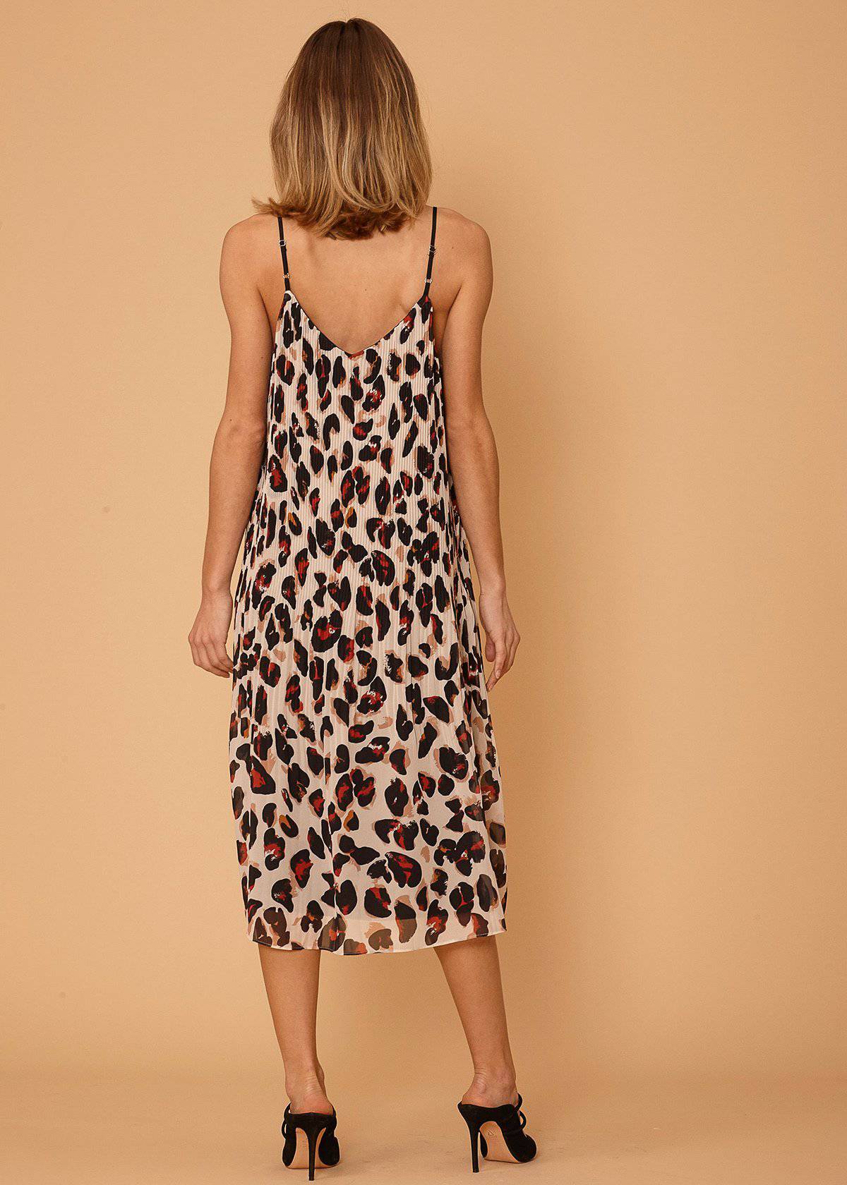 Women's Pleated Cami Dress in Leopard Sketch