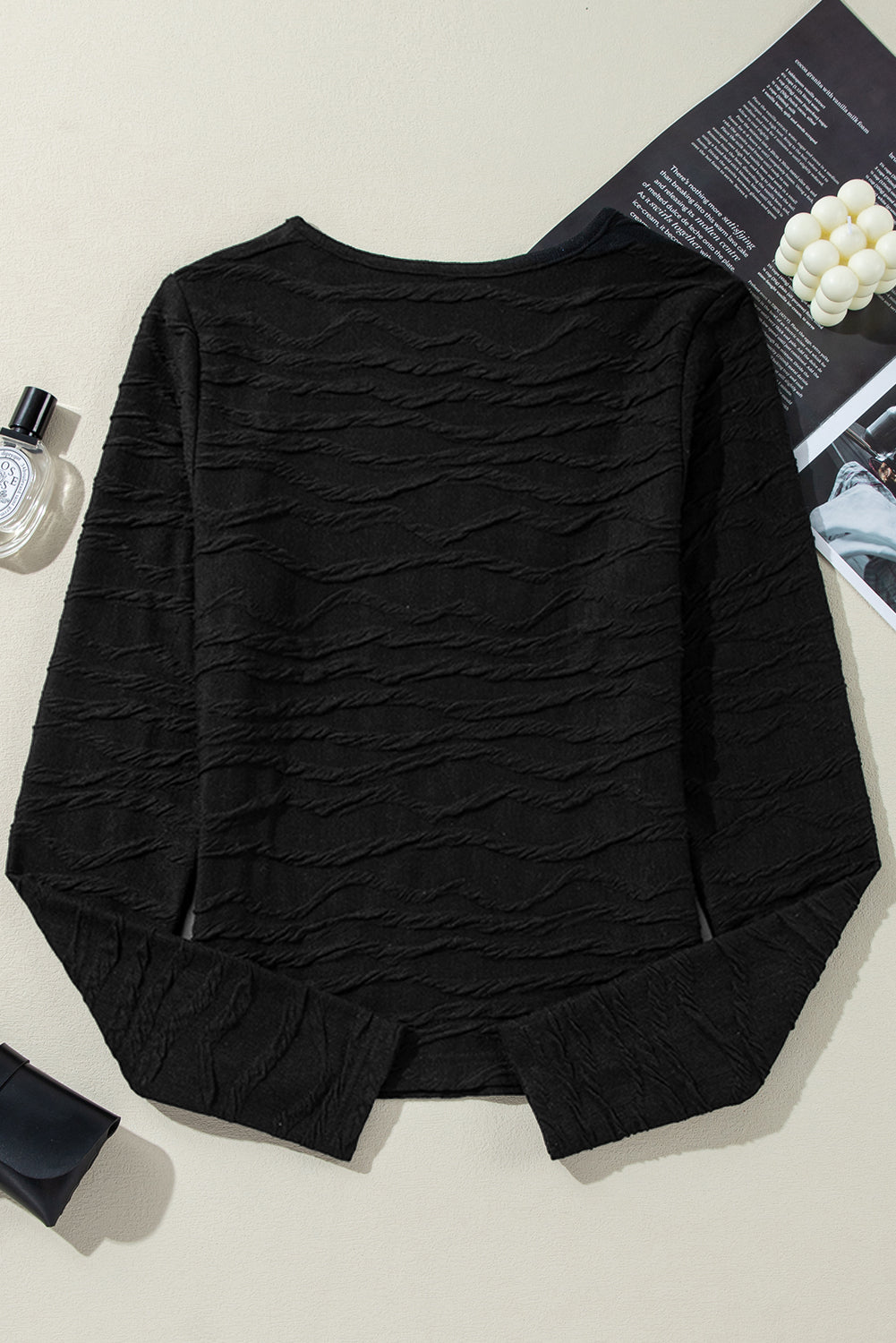 Sleek Black Wavy Textured Long Sleeve Slim Fit T-Shirt