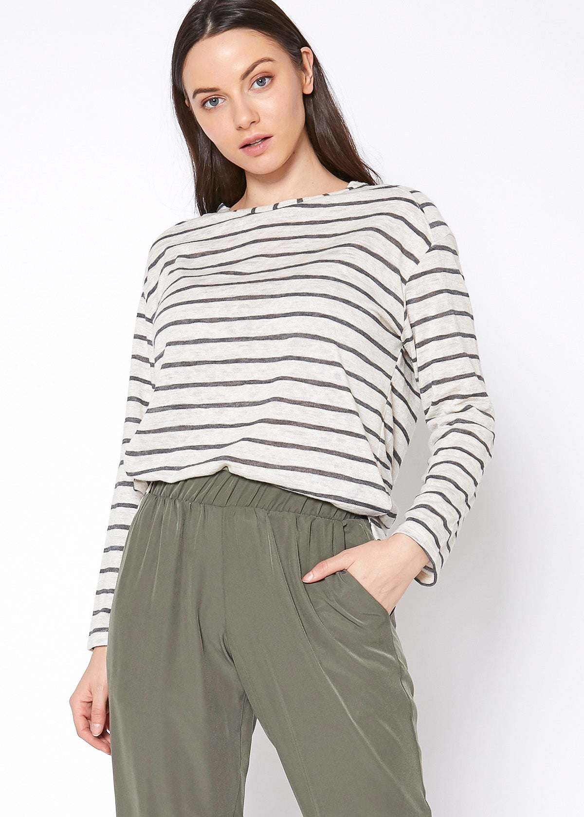 Women's Striped Light Top In Oatmeal Grey Stripe