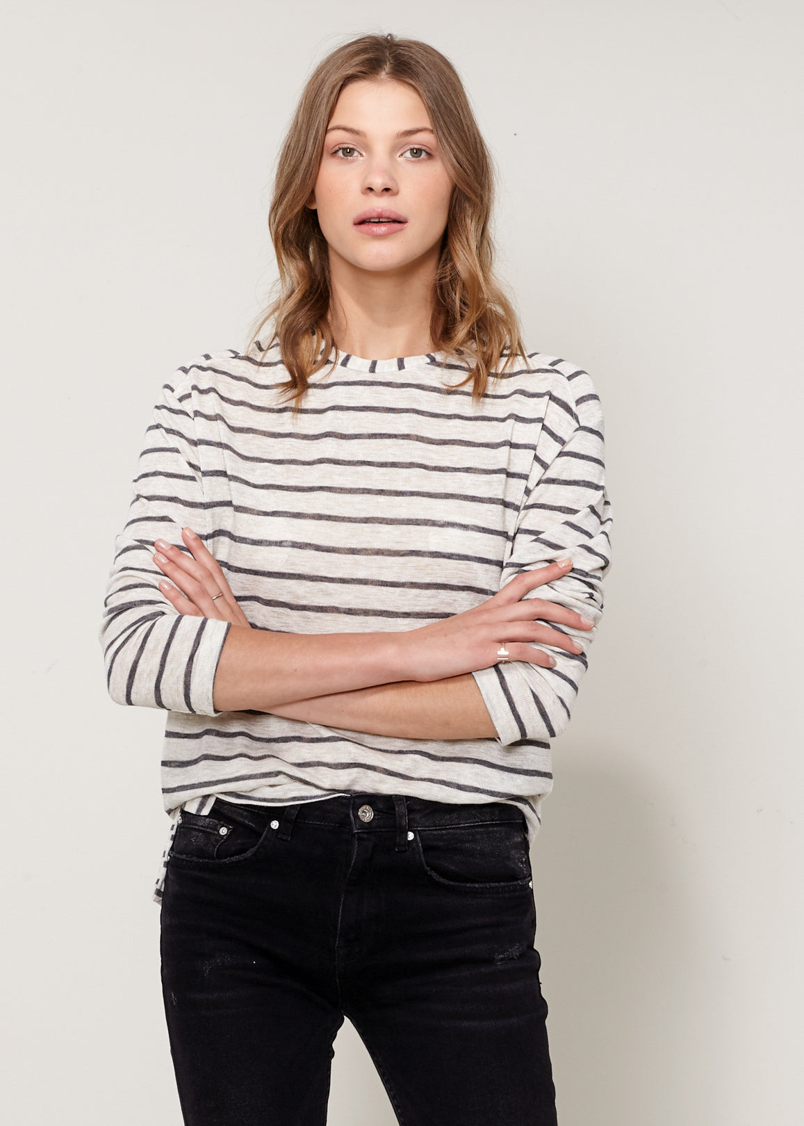 Women's Striped Light Top In Oatmeal Grey Stripe