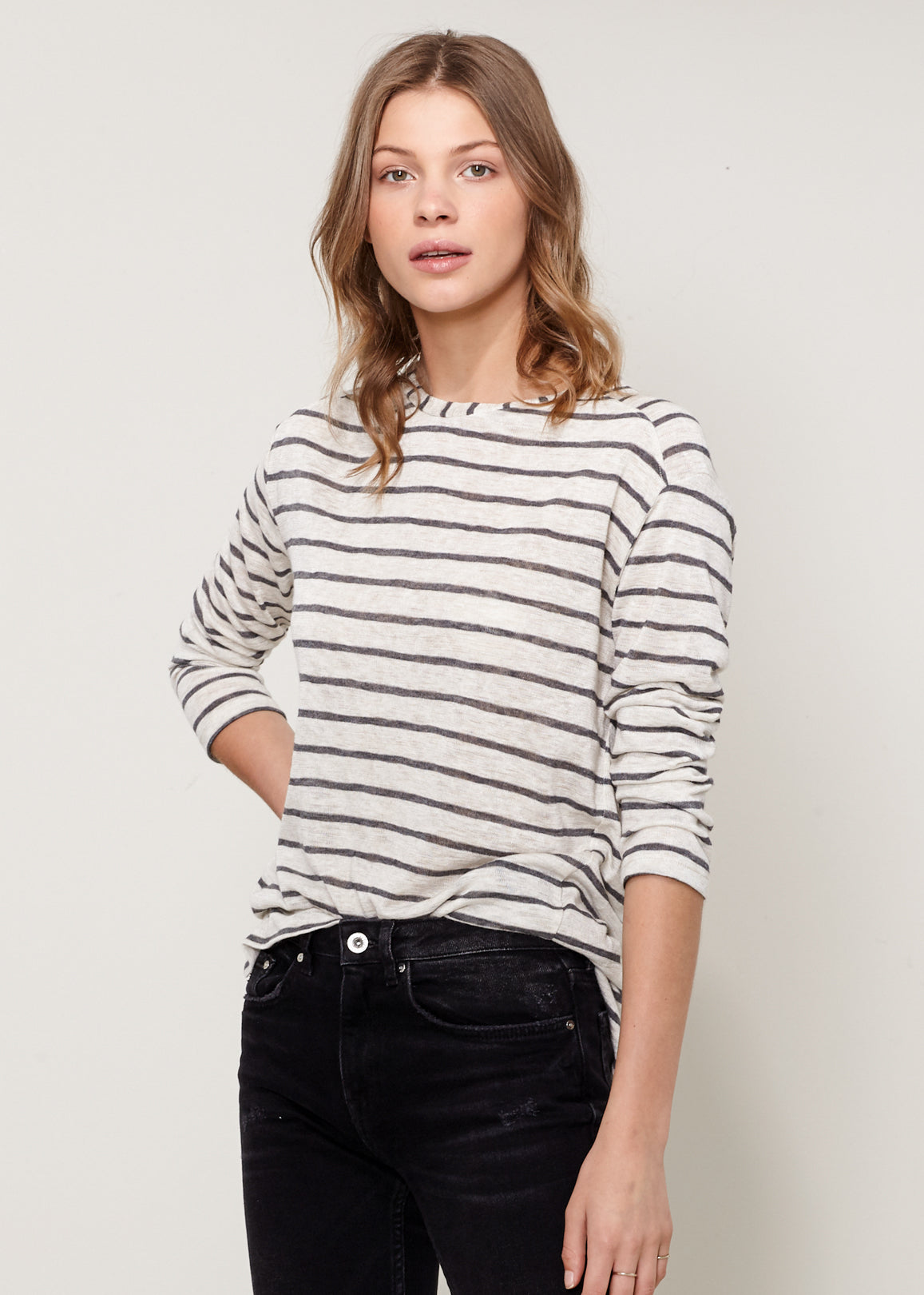 Women's Striped Light Top In Oatmeal Grey Stripe