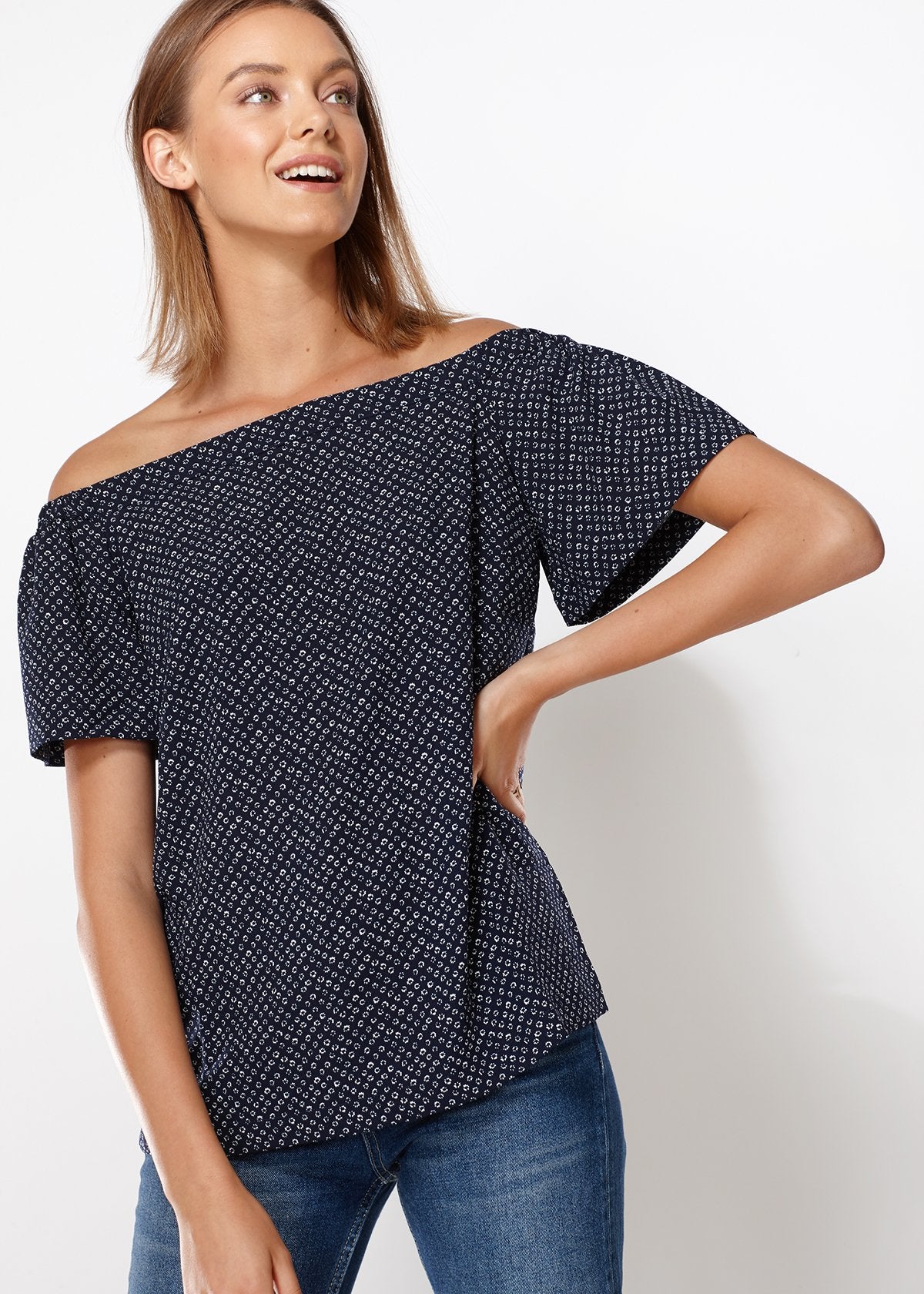 Women's Off Shoulder Top In Navy Tiny Foot