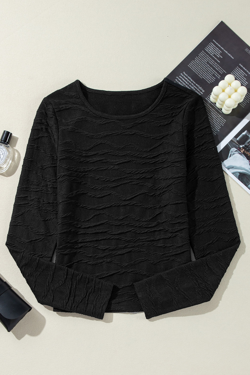 Sleek Black Wavy Textured Long Sleeve Slim Fit T-Shirt