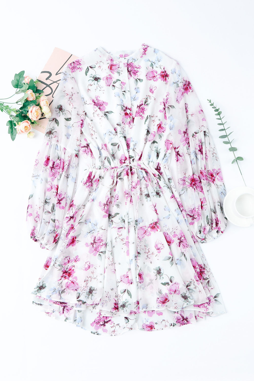 Floral Buttoned Puff Sleeve Tiered Dress