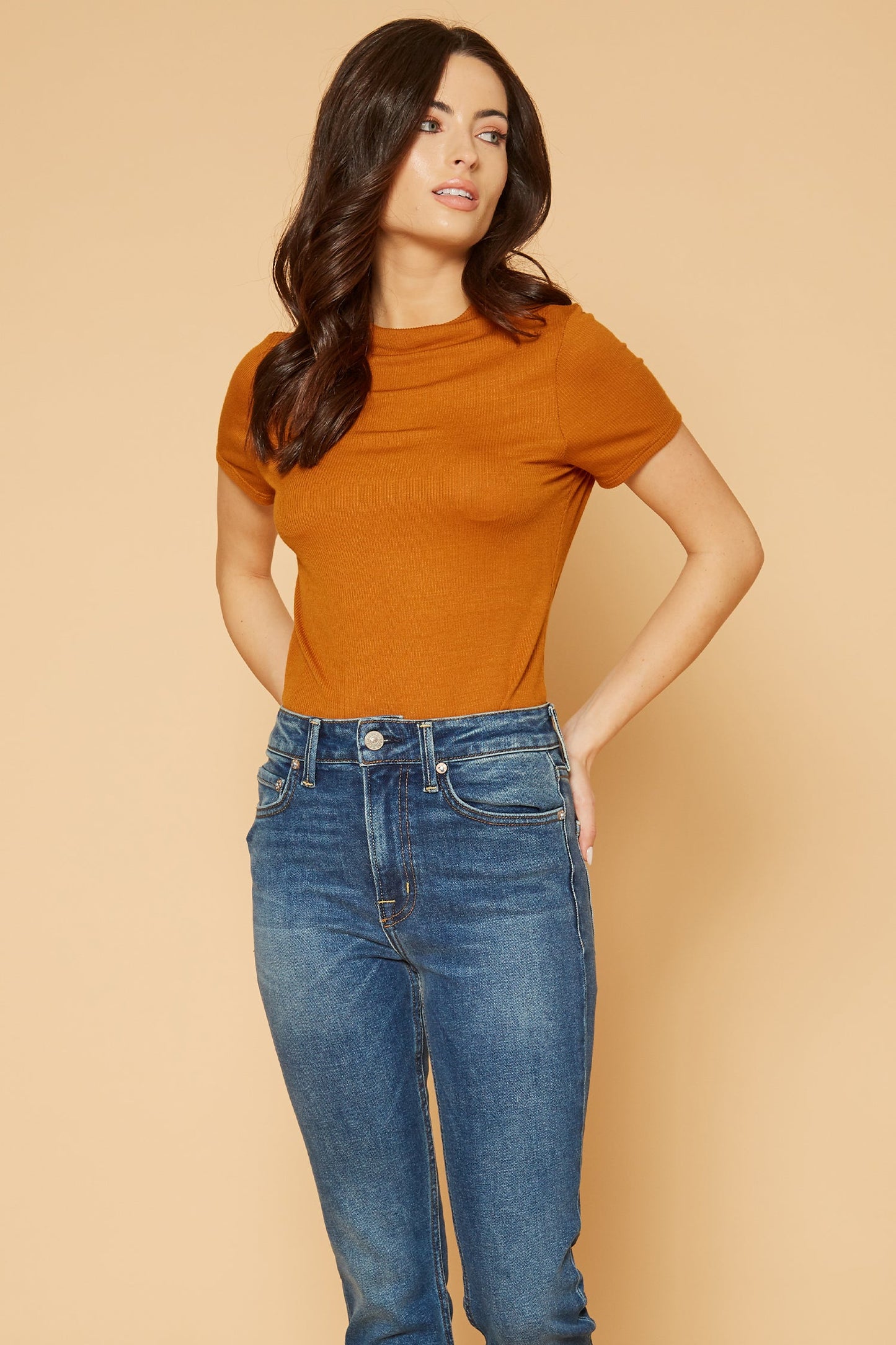 Bellatrix Funnel Neck SS Bodysuit in Spice Brown