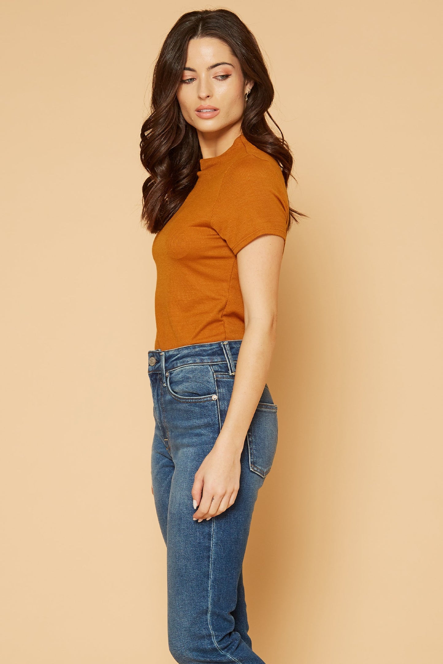 Bellatrix Funnel Neck SS Bodysuit in Spice Brown