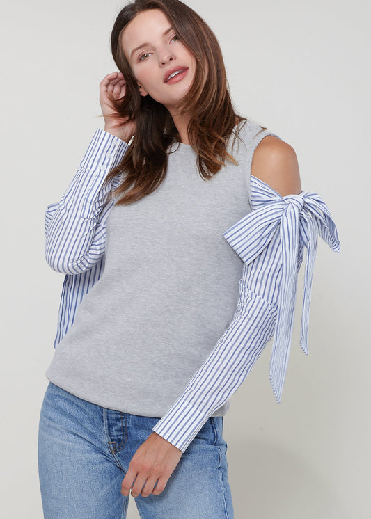 Open Shoulder Tie Sleeve Top In Heather Grey