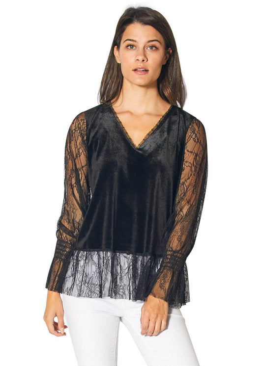 Long Sleeve Velvet Top With Lace Trim in Black