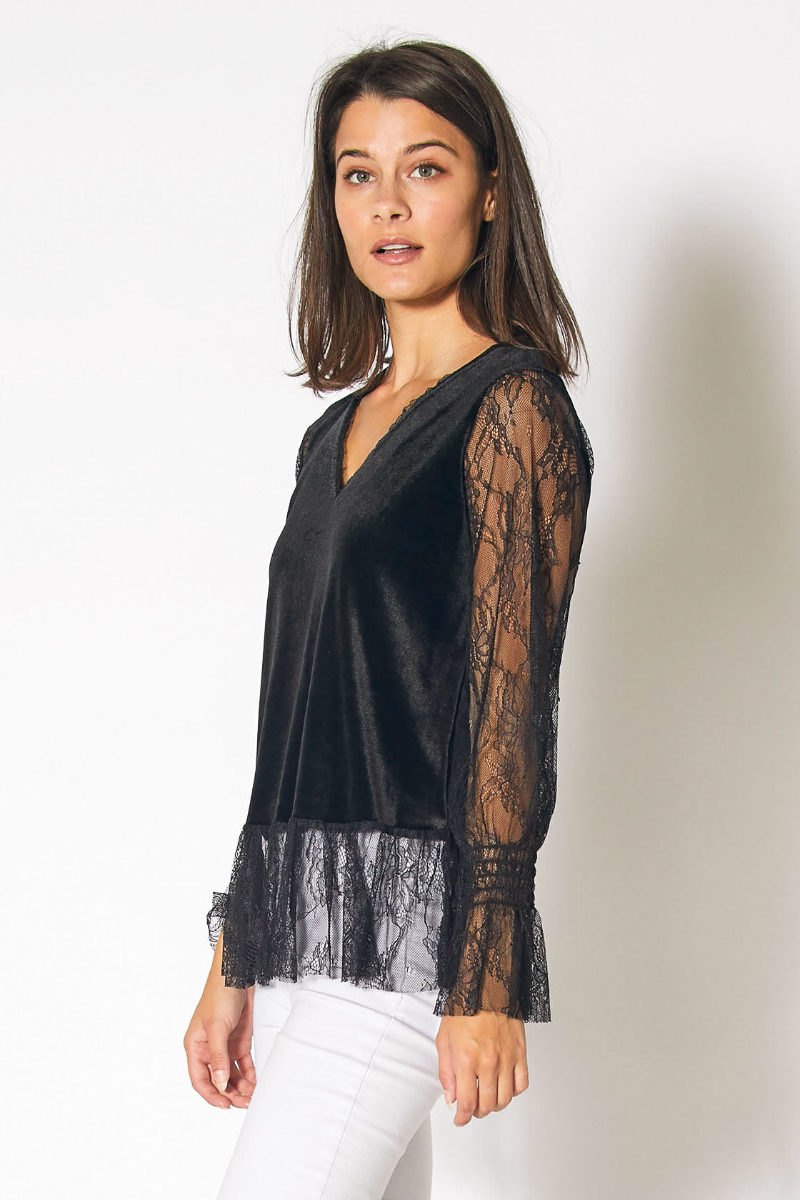 Long Sleeve Velvet Top With Lace Trim in Black