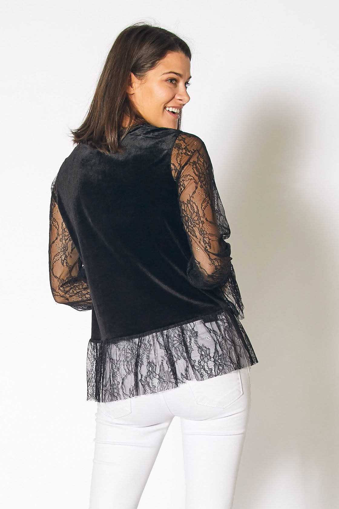 Long Sleeve Velvet Top With Lace Trim in Black