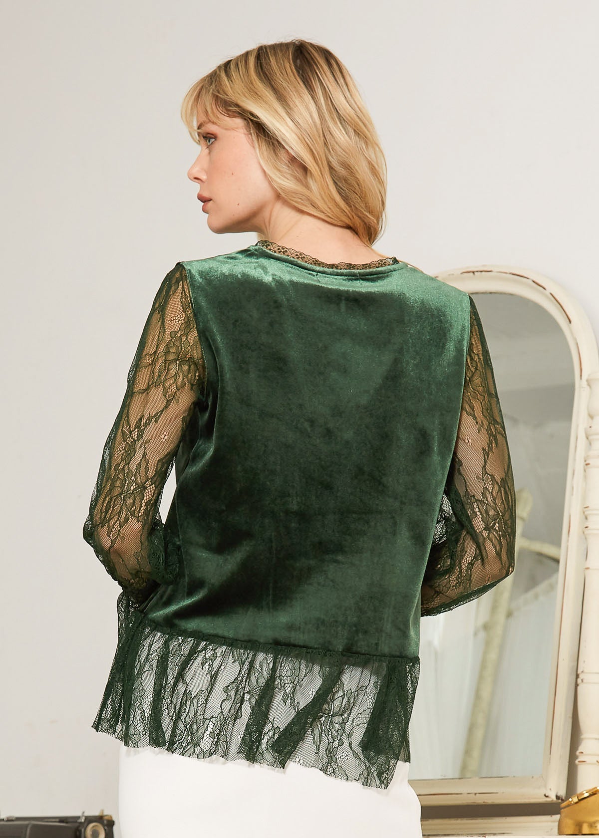 Long Sleeve Velvet Top With Lace Trim in Green