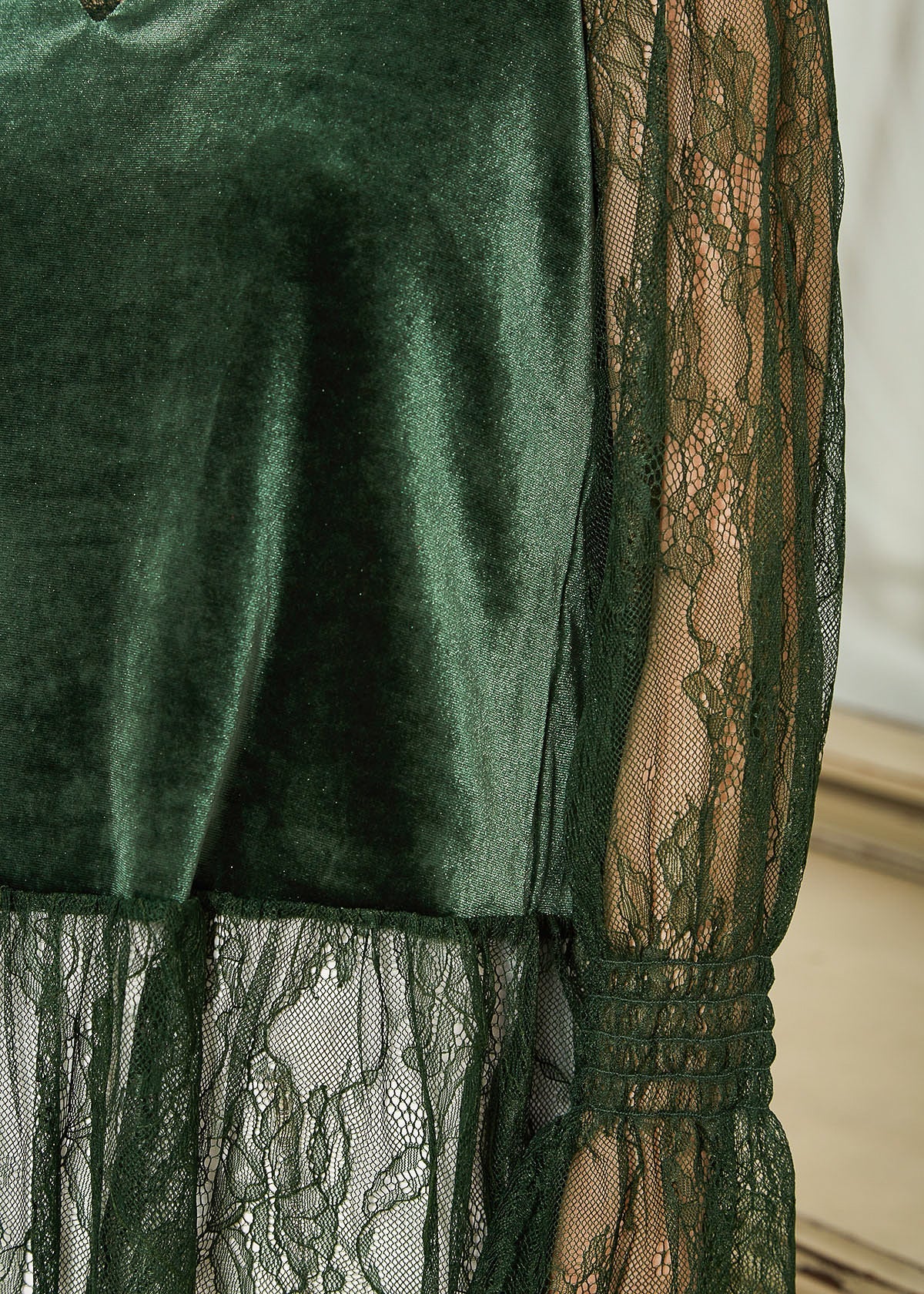 Long Sleeve Velvet Top With Lace Trim in Green