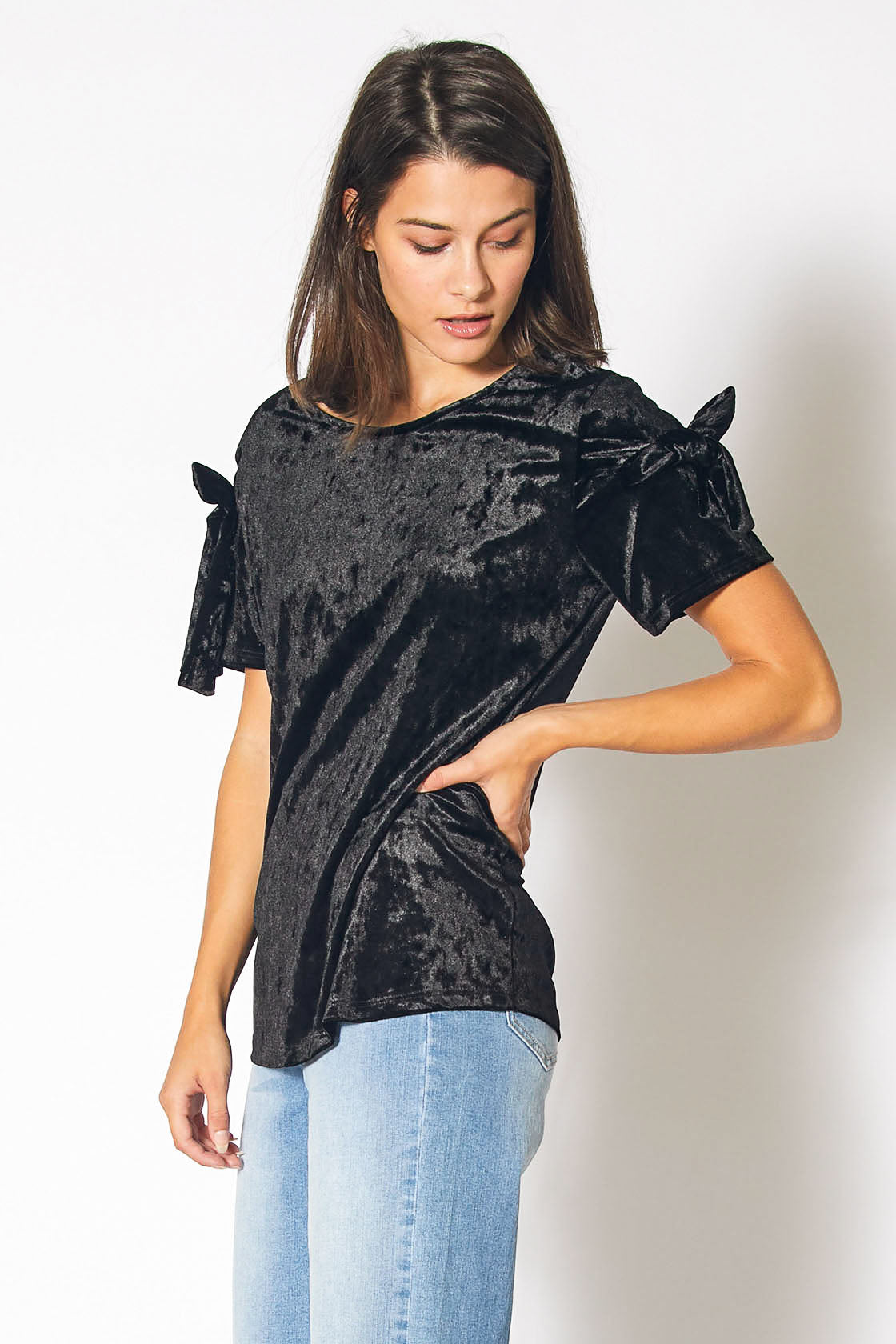 Crushed Velvet Tie Sleeve Tee in Black