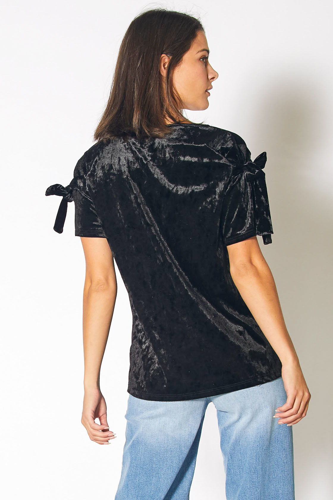 Crushed Velvet Tie Sleeve Tee in Black