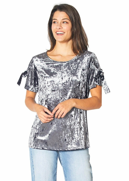 Crushed Velvet Tie Sleeve Tee in Steel Blue