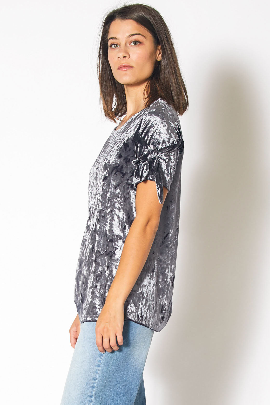 Crushed Velvet Tie Sleeve Tee in Steel Blue