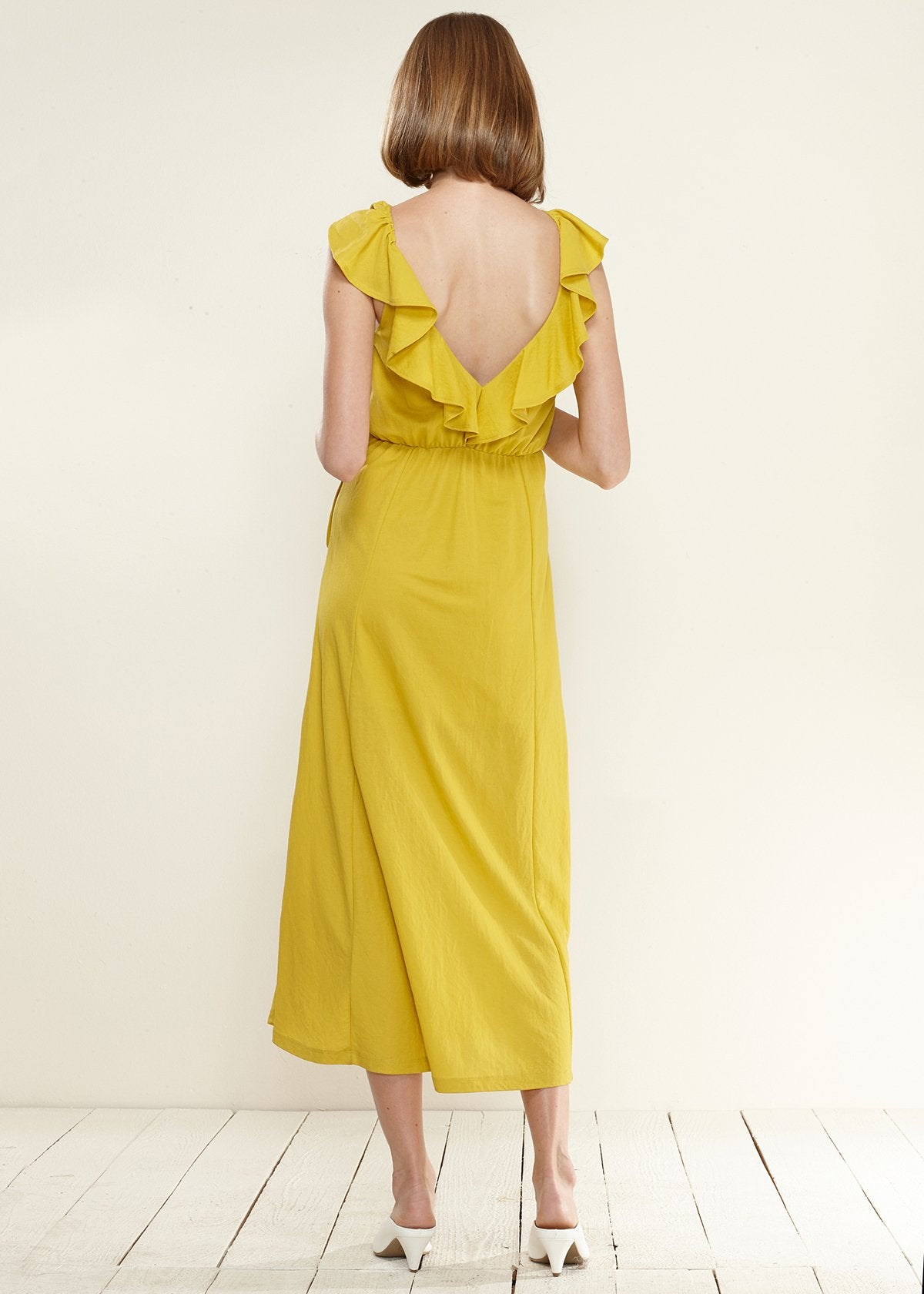 Women's Ruffle Trim Wrapped Maxi Dress in Mustard