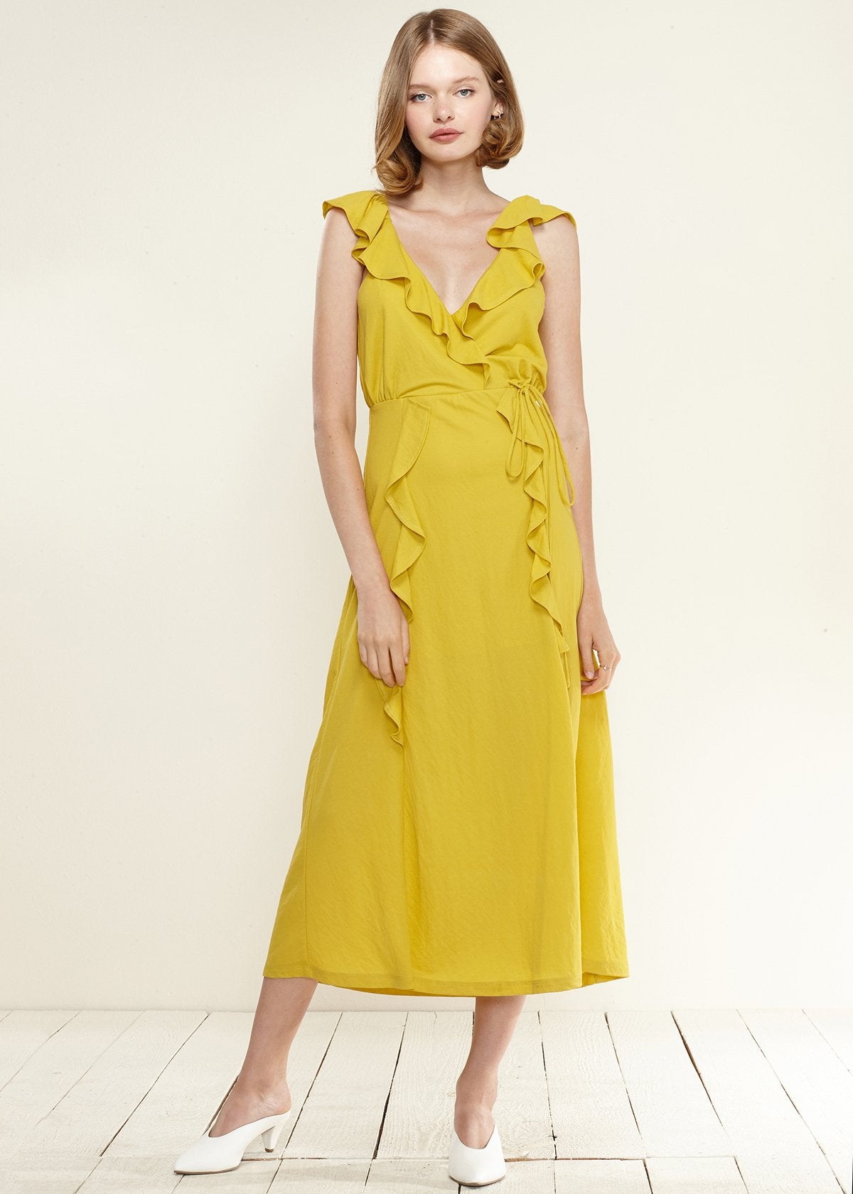 Women's Ruffle Trim Wrapped Maxi Dress in Mustard