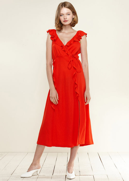 Women's Ruffle Trim Wrapped Maxi Dress in Red