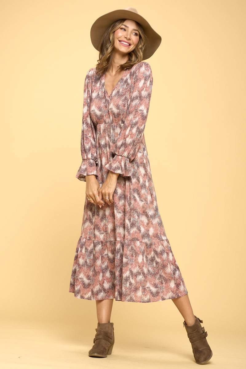 Print V neck Maxi Dress with Ruffle Hem