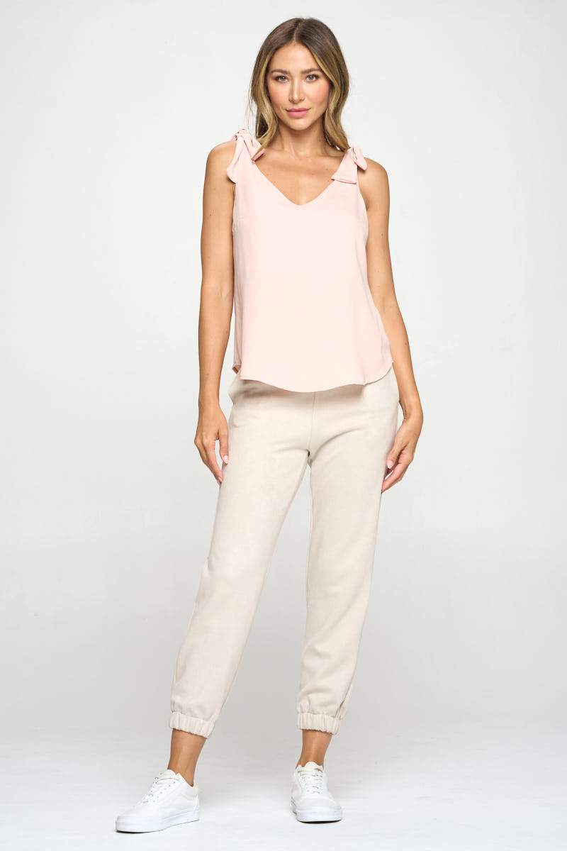 Solid V neck Top with Bow Strap