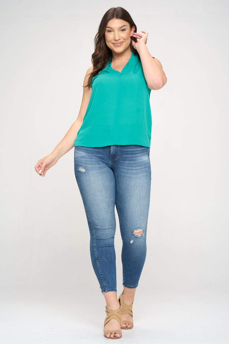 Solid Color V neck Top with Drape Neckline