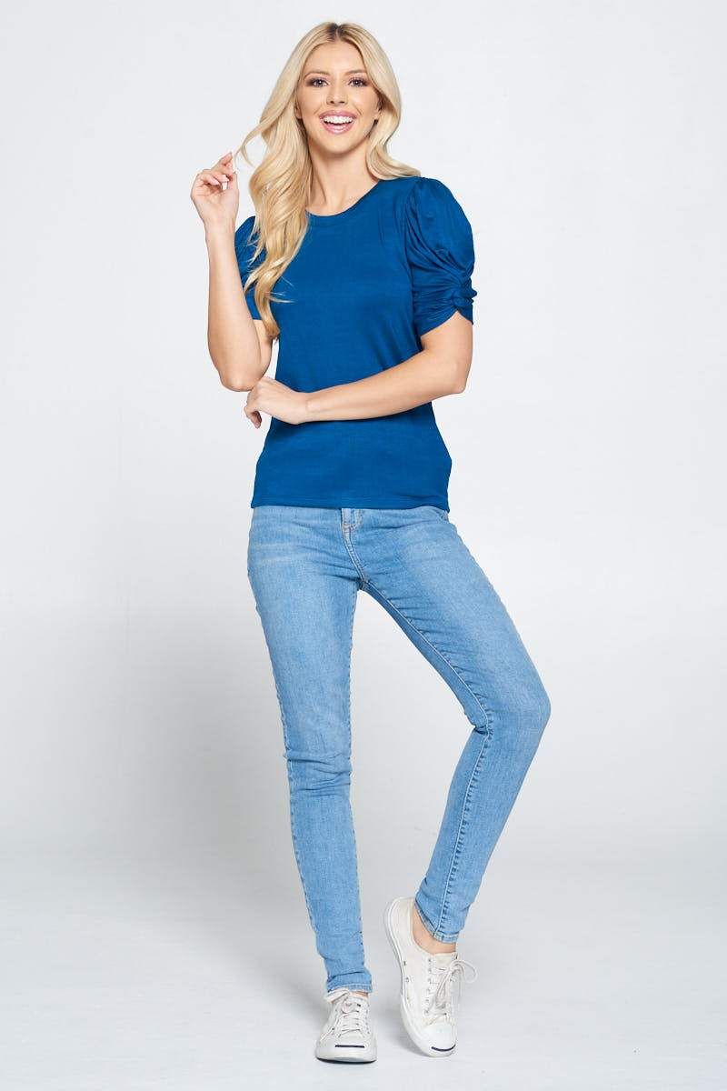 Solid Short Sleeve Top with Scrunched Sleeves