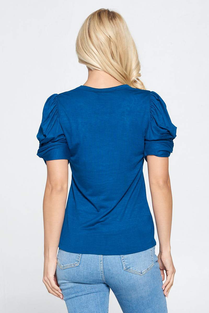 Solid Short Sleeve Top with Scrunched Sleeves