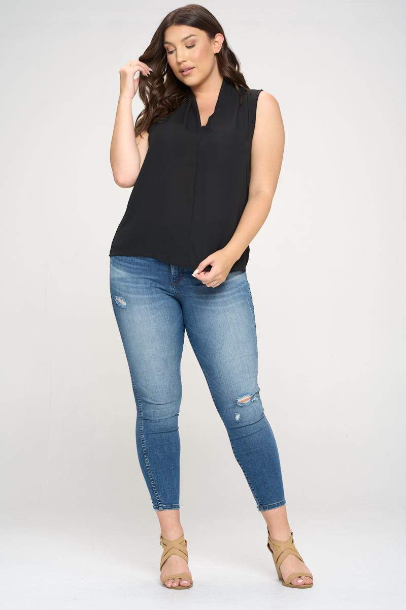 Solid V neck Top with Drape Neckline