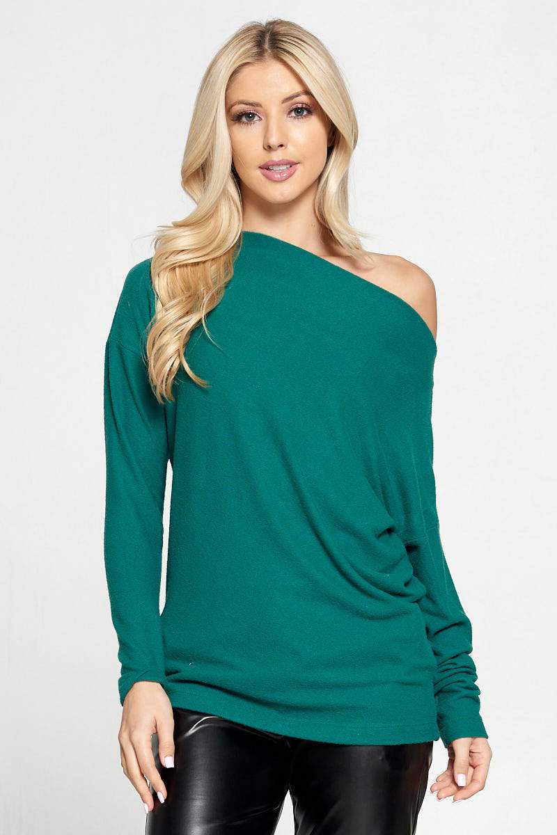 ﻿Green Knit Off the Shoulder Top