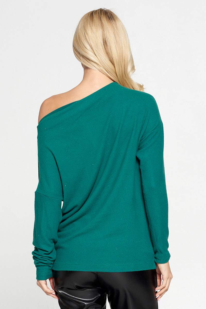 ﻿Green Knit Off the Shoulder Top