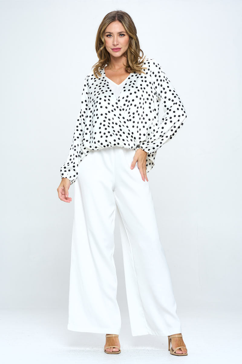 Polka Dot Long Sleeve Surplice Top