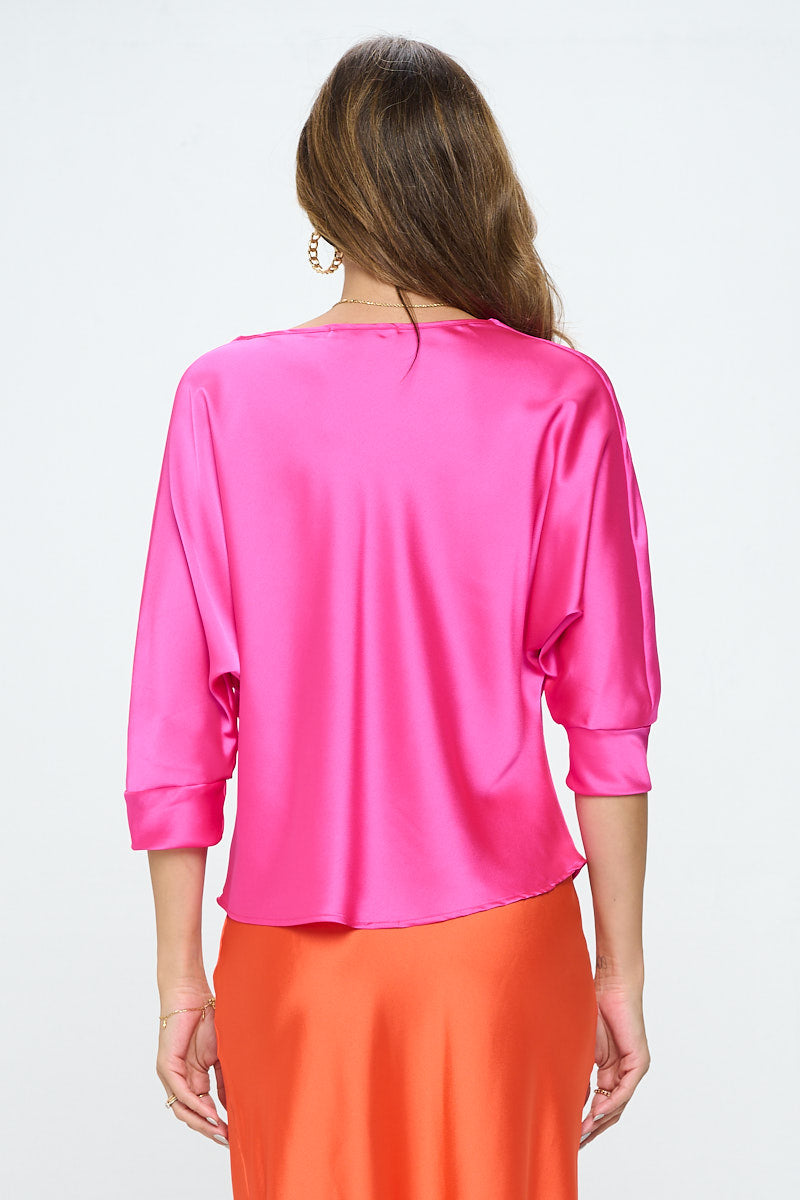 Satin Vibrant Cowl neck 3/4 Sleeve Top