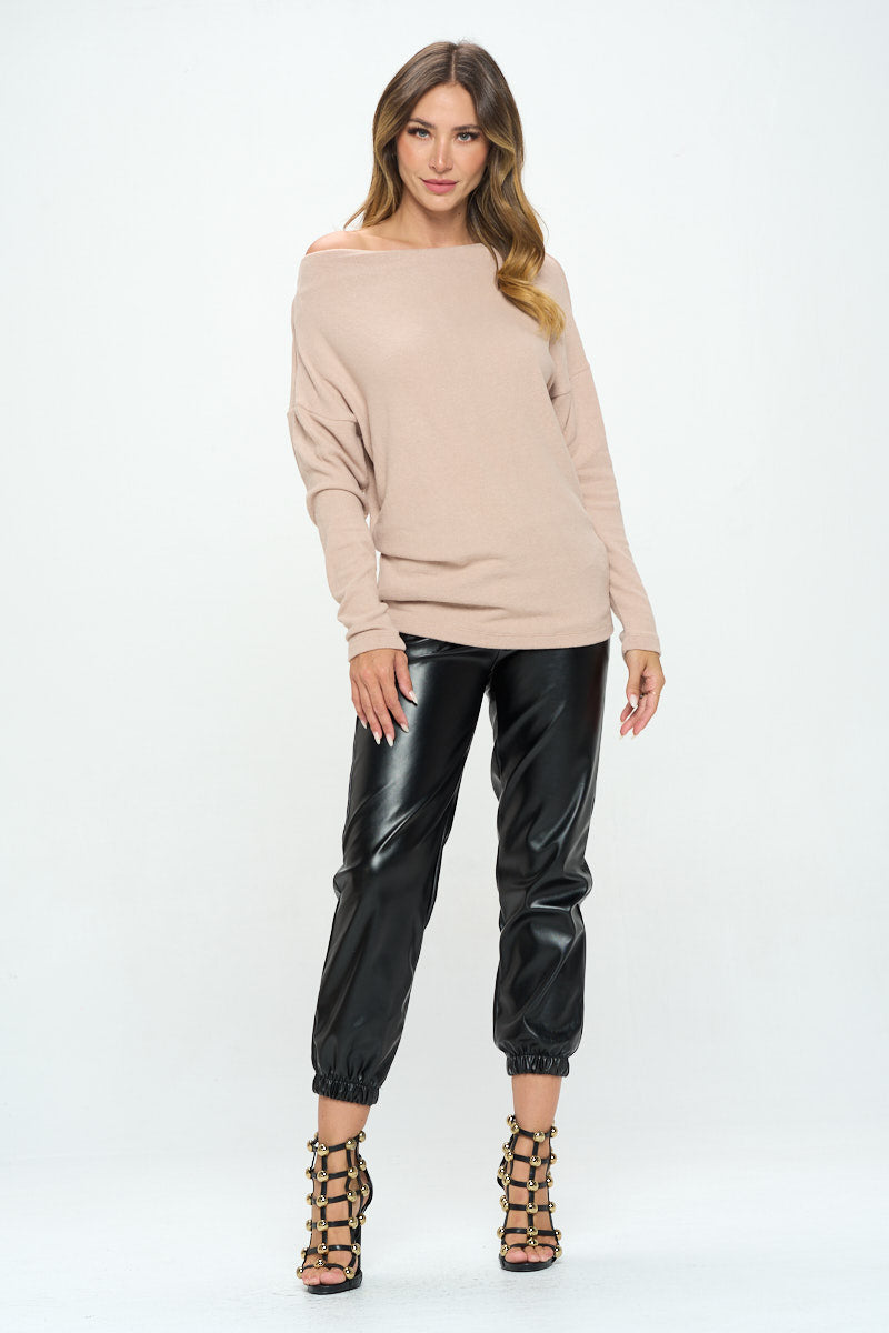 Taupe Brushed Knit Off the Shoulder Top