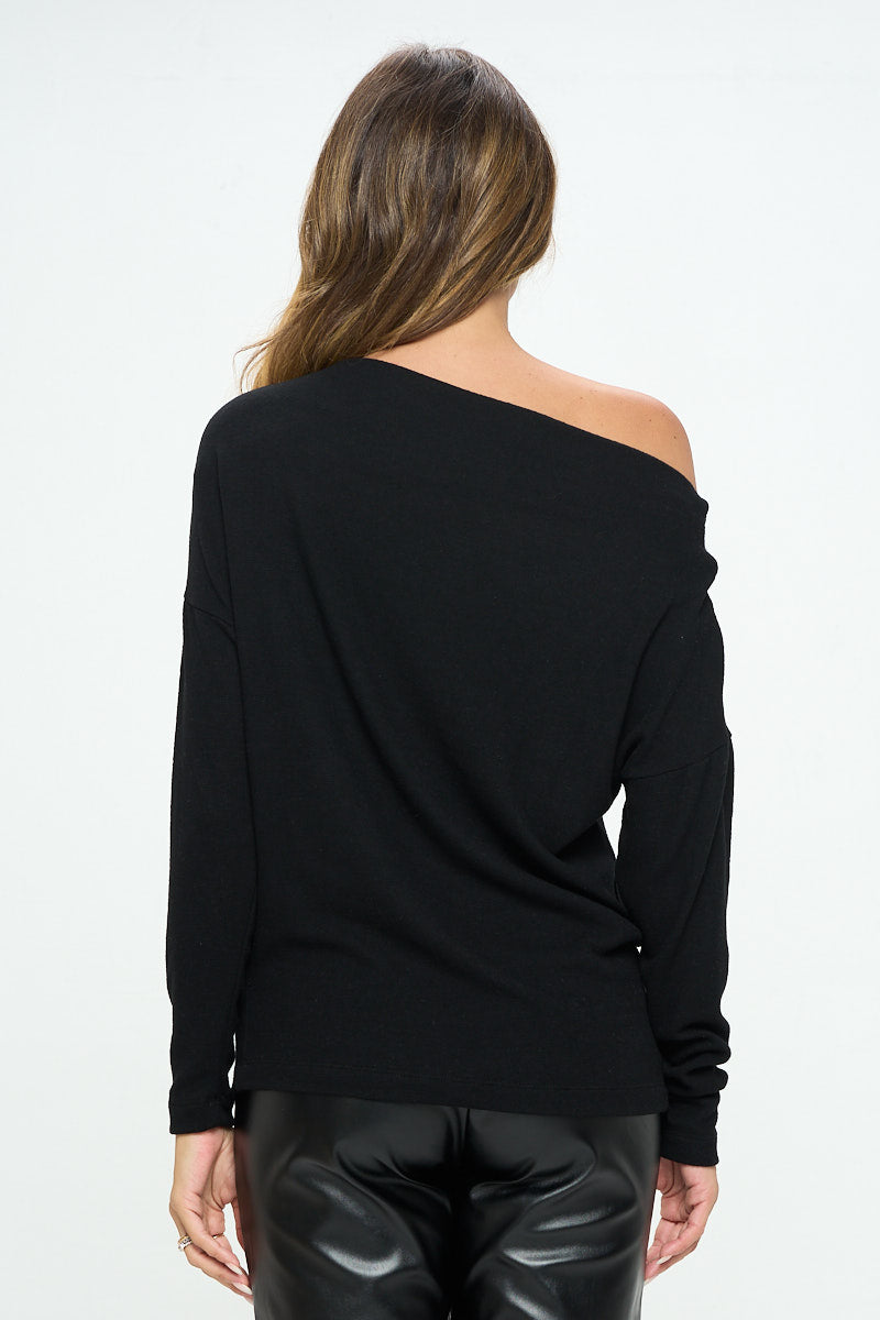 Black Brushed Off Shoulder Top - Versatile USA-Made Knit - Sizes XS-XXL