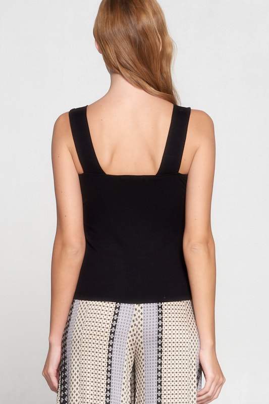 Black Square Neck Rib Knit Top