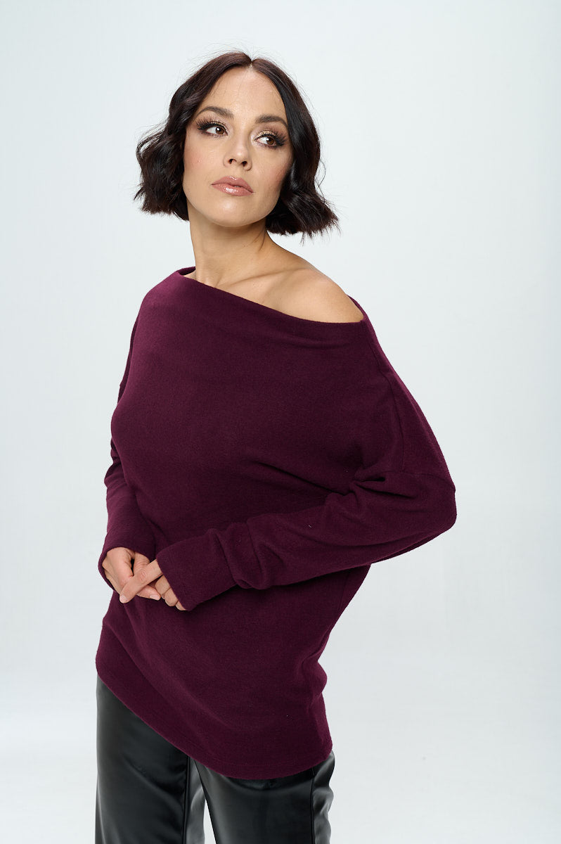 Plum Brushed Knit Off the Shoulder Top