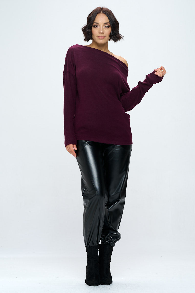 Plum Brushed Knit Off the Shoulder Top