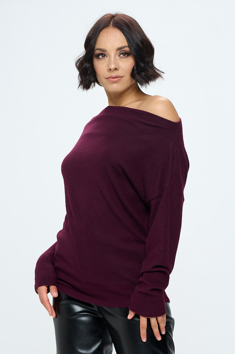 Plum Brushed Knit Off the Shoulder Top