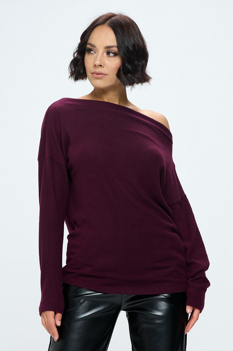 Plum Brushed Knit Off the Shoulder Top