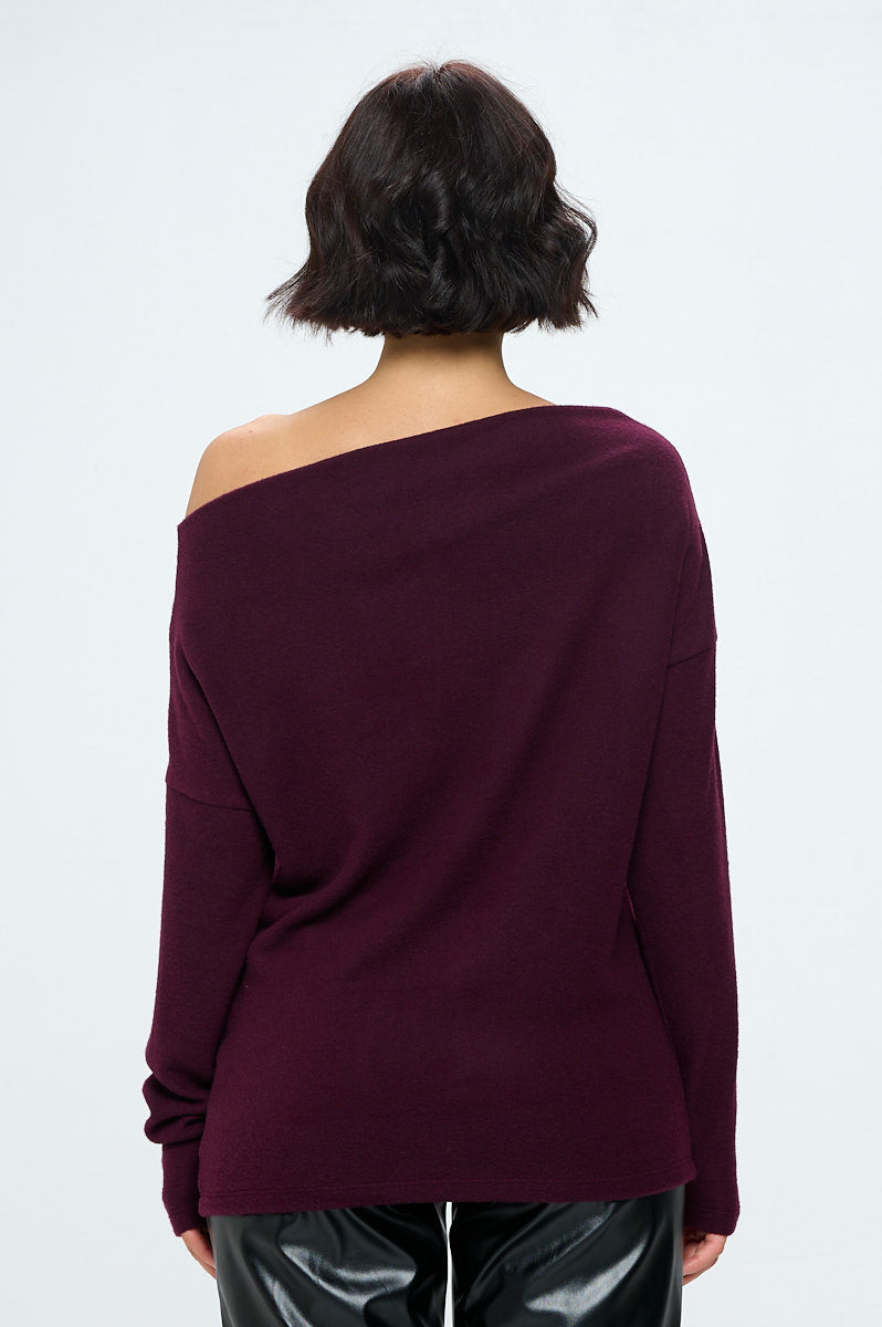 Plum Brushed Knit Off the Shoulder Top