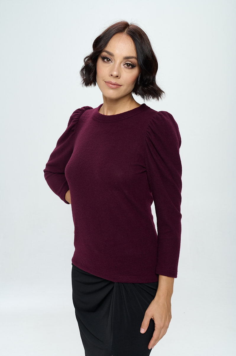 Plum Brushed Knit Top with Puff Sleeve