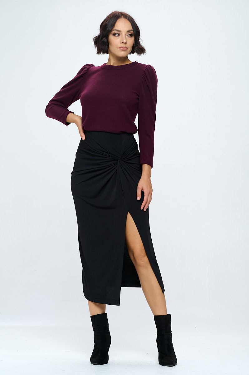 Plum Brushed Knit Top with Puff Sleeve