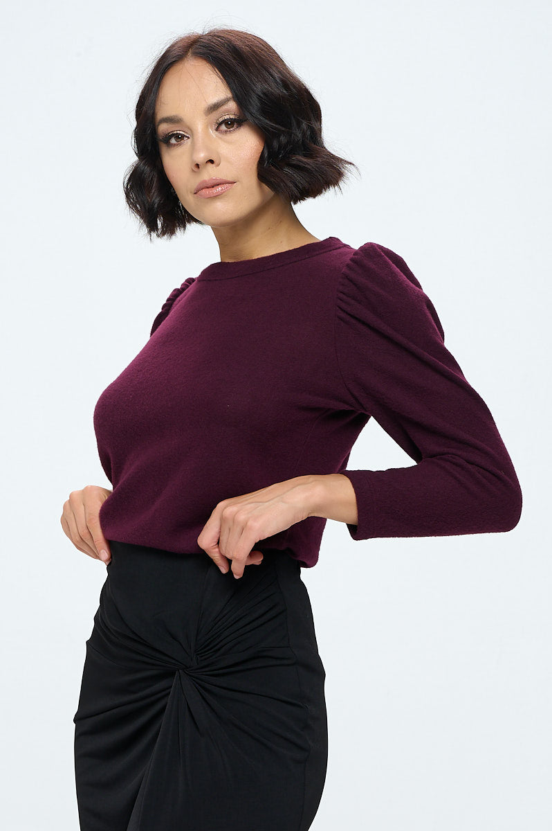 Plum Brushed Knit Top with Puff Sleeve