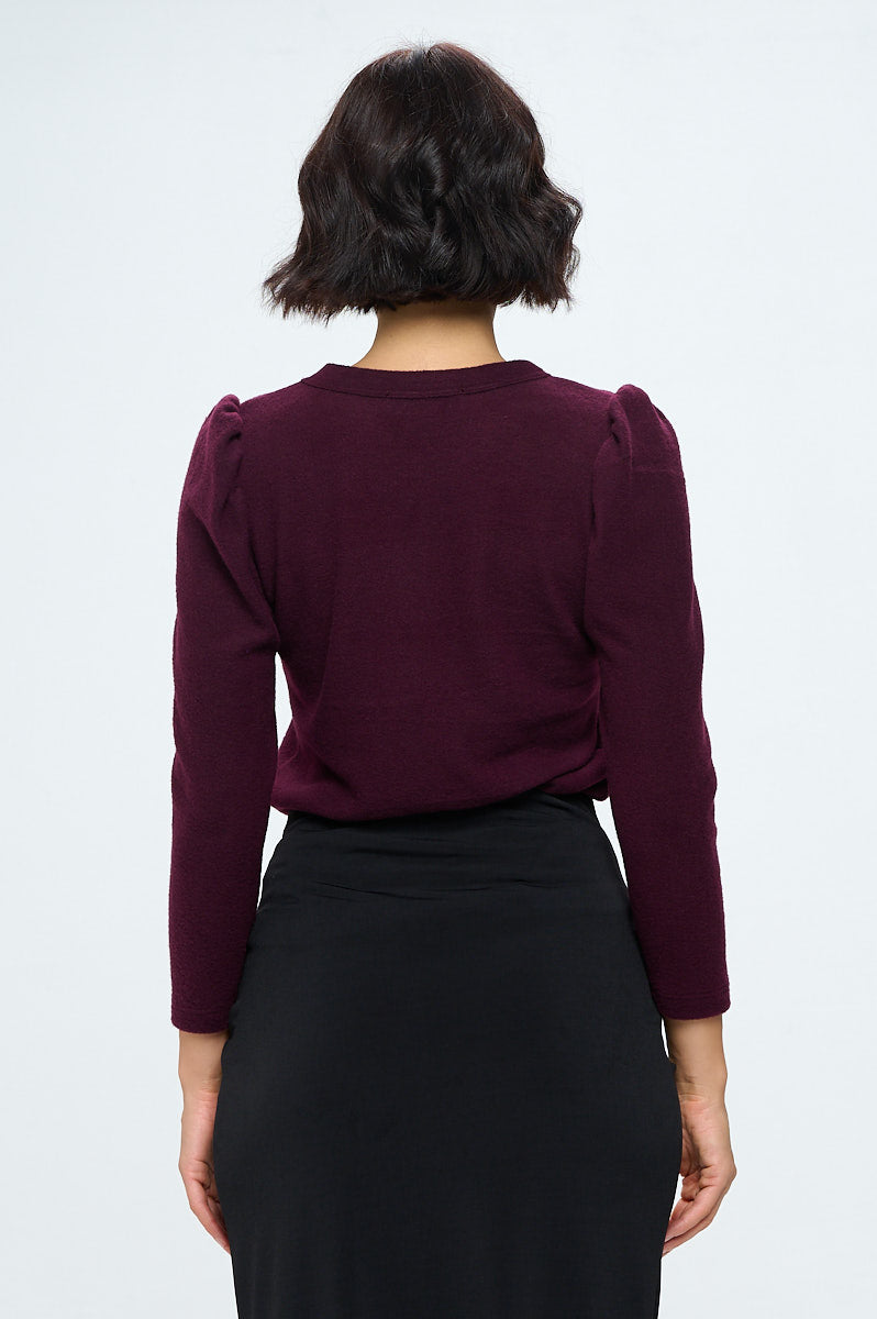 Plum Brushed Knit Top with Puff Sleeve