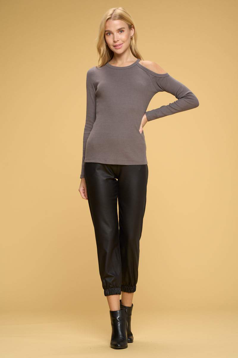 Cotton Charcoal Rib Knit Top with Open Shoulder - Stylish Comfort with a Hint of Sass